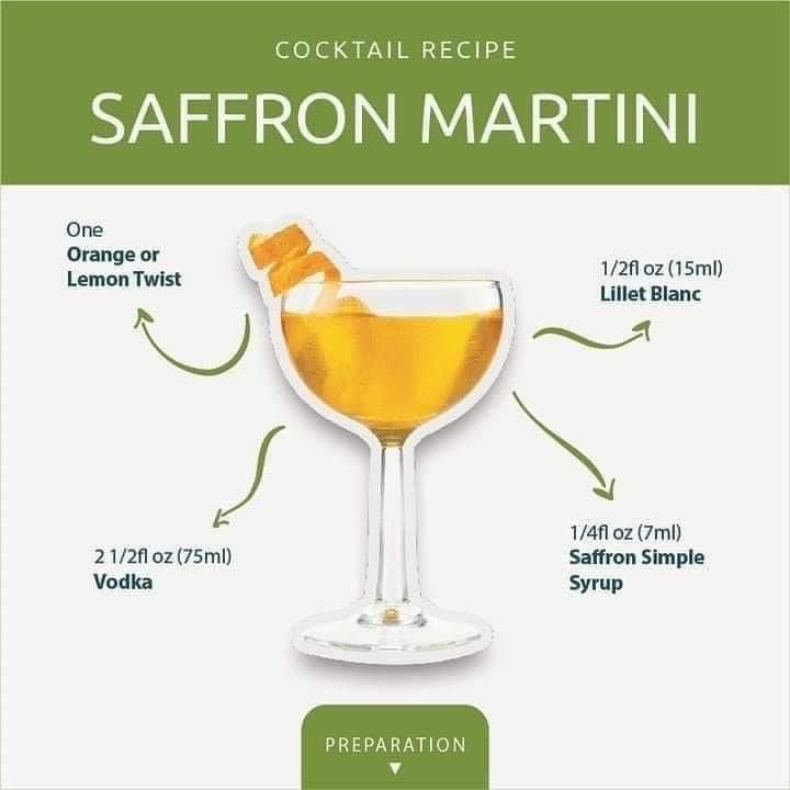 the cocktail recipe for saffron martini is shown in an image with information on how to make it