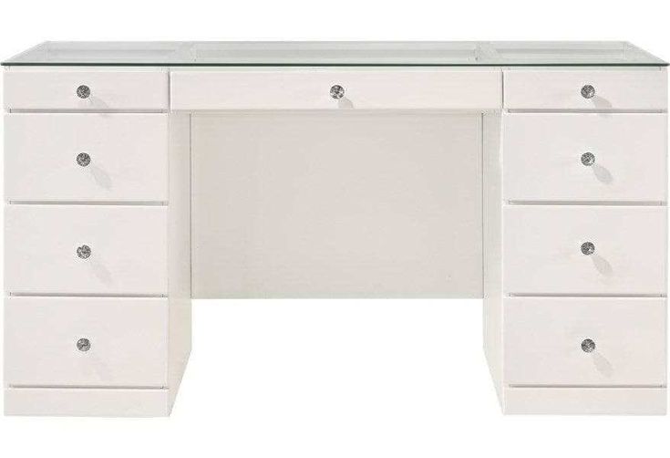 an image of a white desk with drawers and glass top on it's sides