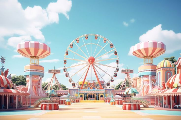 an amusement park with ferris wheel and carnival rides in the background, 3d digitally rendered image