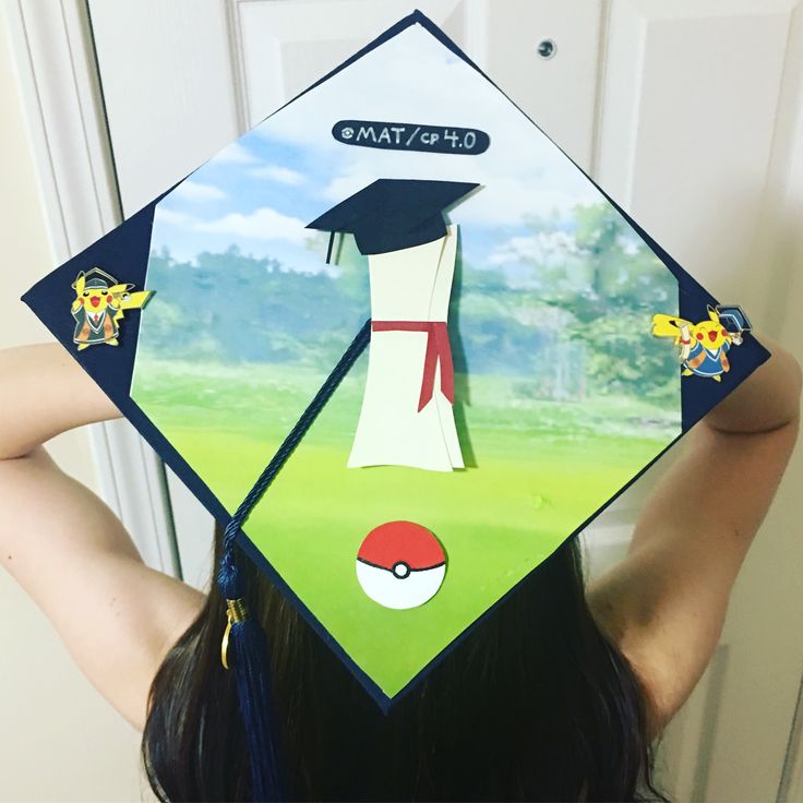 a woman wearing a graduation cap with pokemon pictures on it's front and back