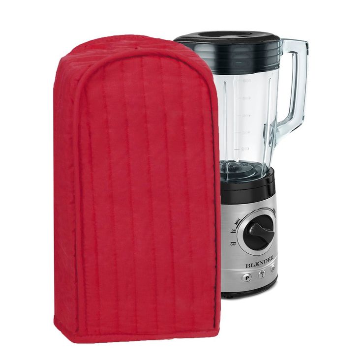 a red oven mitt next to an electric blender with the lid open and cover over it