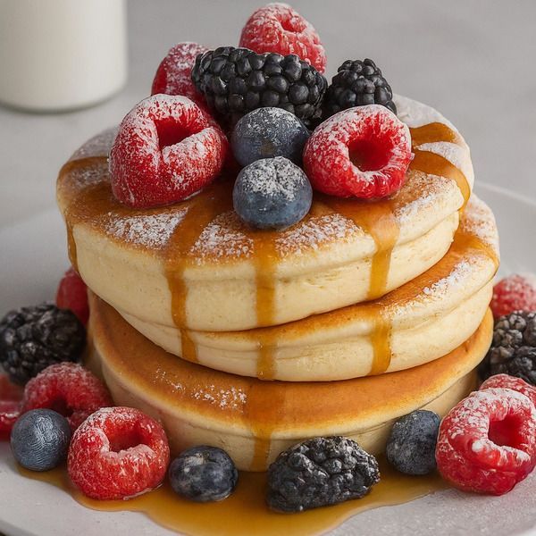 a stack of pancakes topped with berries and powdered sugar