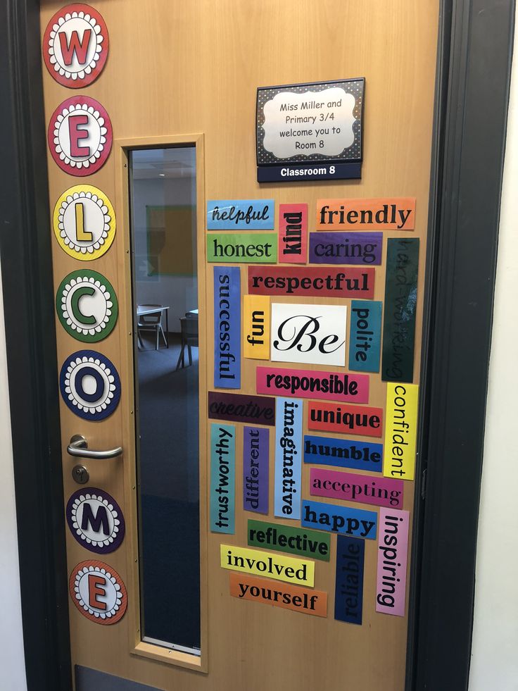 a door decorated with words and magnets