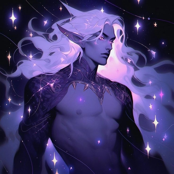 a man with long white hair standing in front of stars and the sky behind him