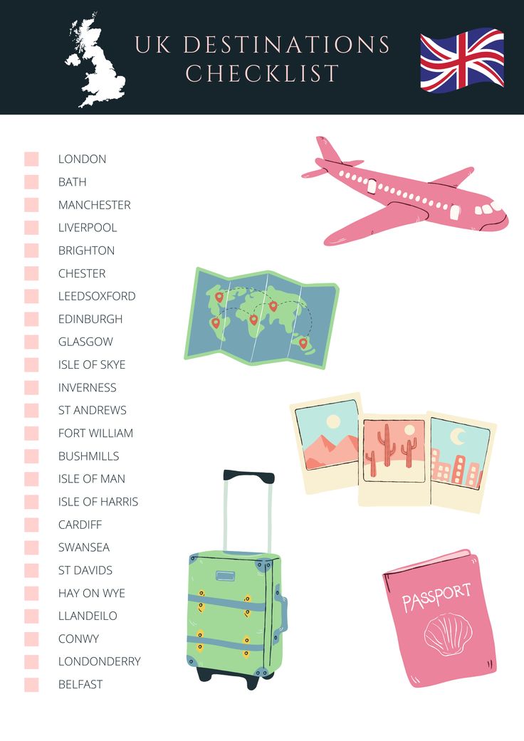 the uk destinations checklist is shown in pink, green and blue with an airplane flying over it