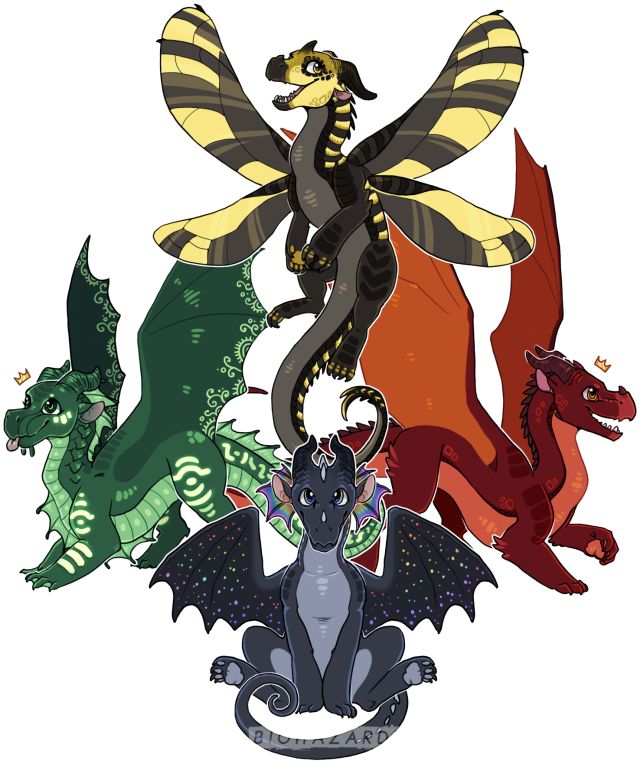 four different types of dragon are depicted in this image, one is black and the other is yellow