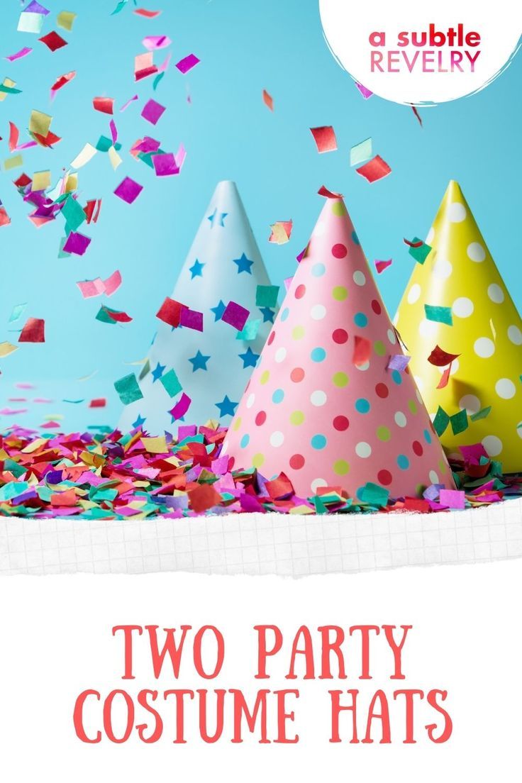 two party costume hats with confetti and streamers in the air, on a blue background