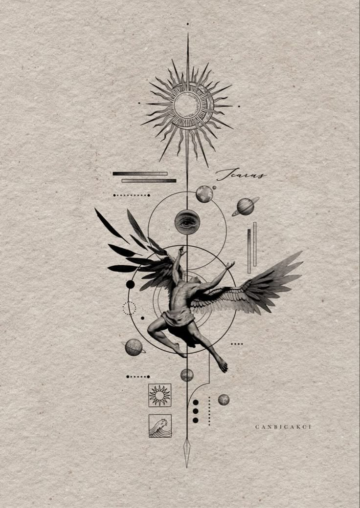 a drawing of a bird flying through the air next to a sun and other things