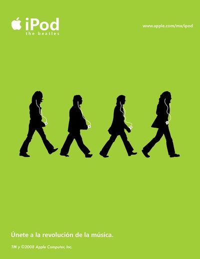 an apple advertisement with the silhouettes of people walking in different directions on green background