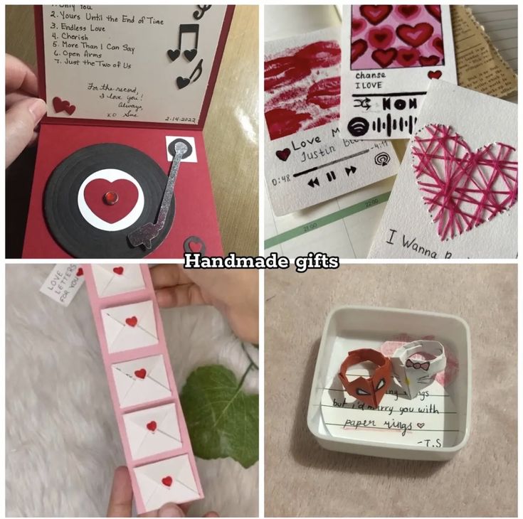 handmade gifts for valentine's day are displayed in four different pictures, including a record player and heart shaped cards