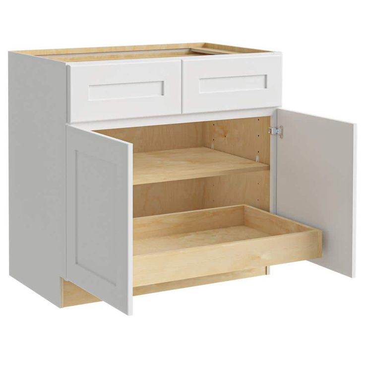 a white cabinet with two drawers and one door open to reveal the bottom drawer area