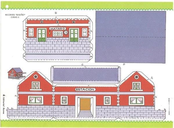 a paper model of a red building with windows and a sign on the side of it