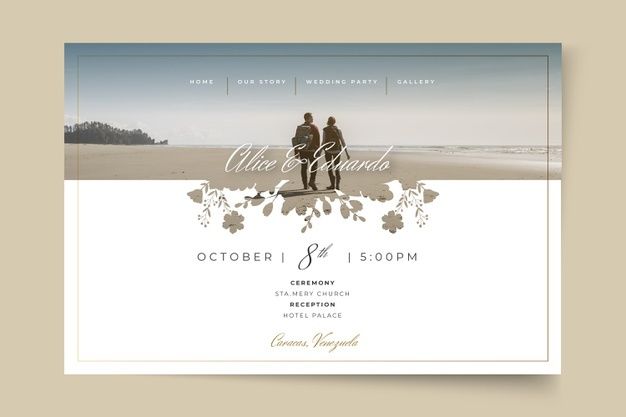 an elegant wedding announcement card with two people walking on the beach in front of the ocean