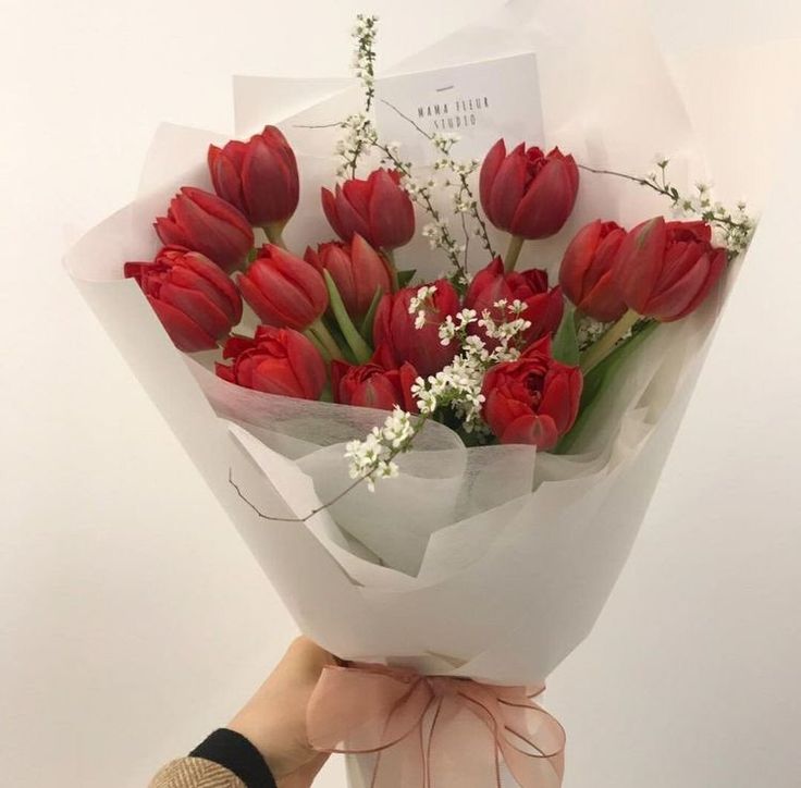 a person holding a bouquet of red tulips and baby's breath flowers