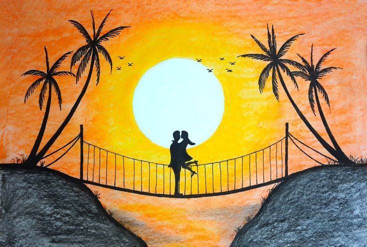 a drawing of two people standing on a bridge with the sun setting in the background