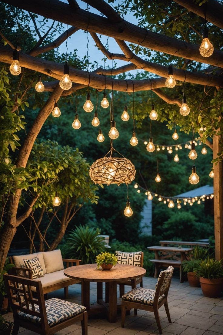 an outdoor dining area with lights hanging from the ceiling and chairs around it, surrounded by greenery