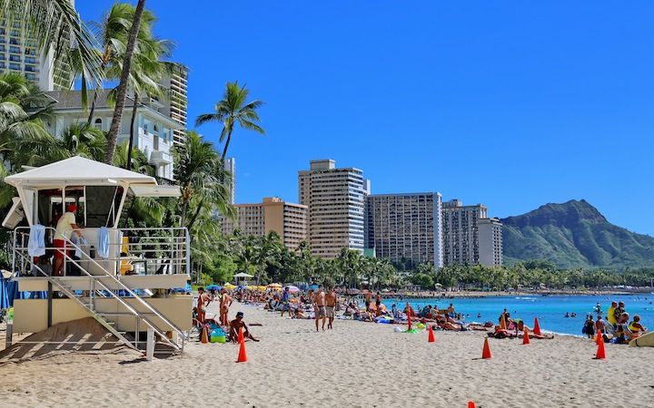 the beach is crowded with people and palm trees