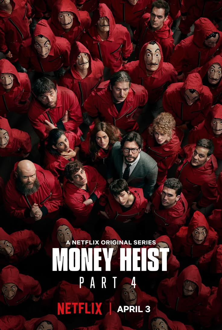 the netflix series money heist part 4 is being shown in red with many people