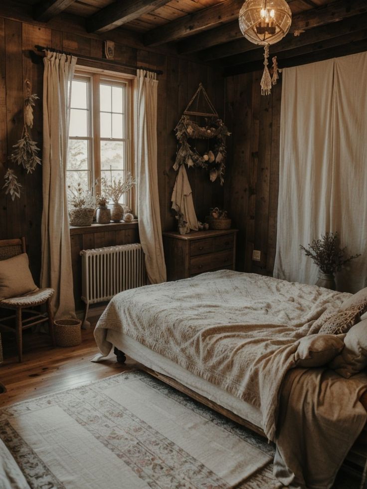 a bed sitting in a bedroom next to a window with curtains on the windowsill