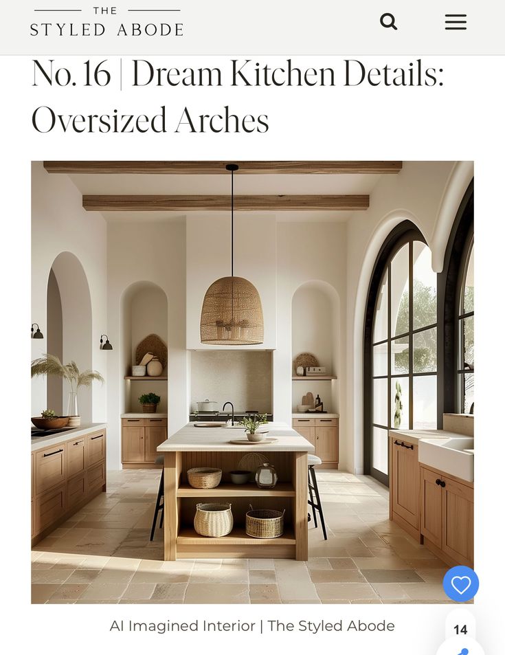 the front page of an iphone app showing a kitchen with wooden cabinets and white walls