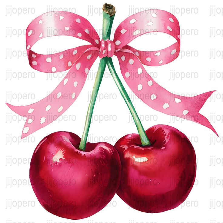 two cherries with pink ribbon and polka dots on them, tied in a bow