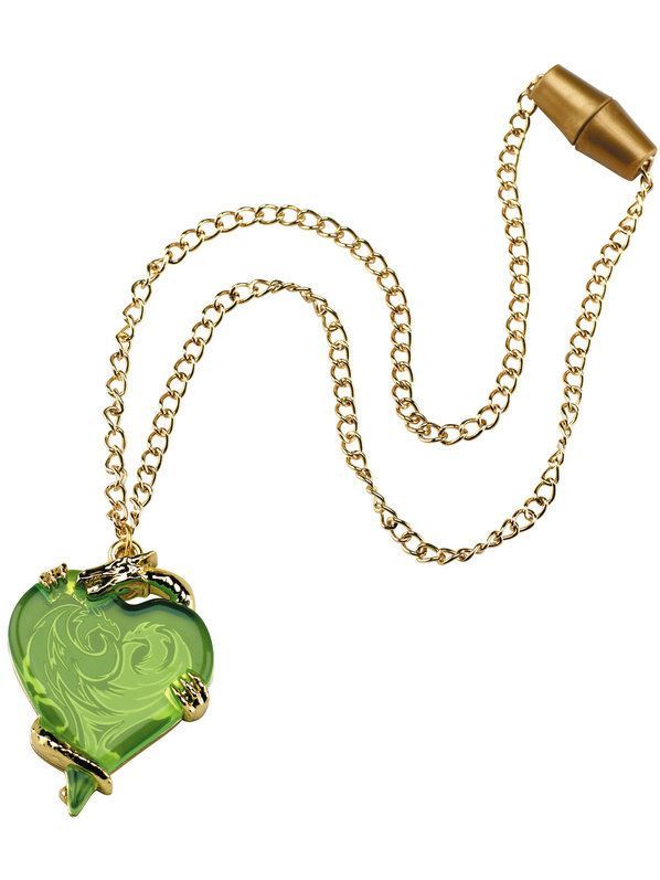 a green heart shaped pendant with a gold chain