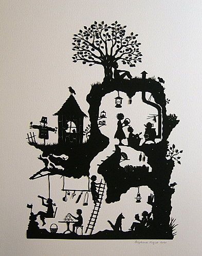 a black and white drawing of a tree with people on it