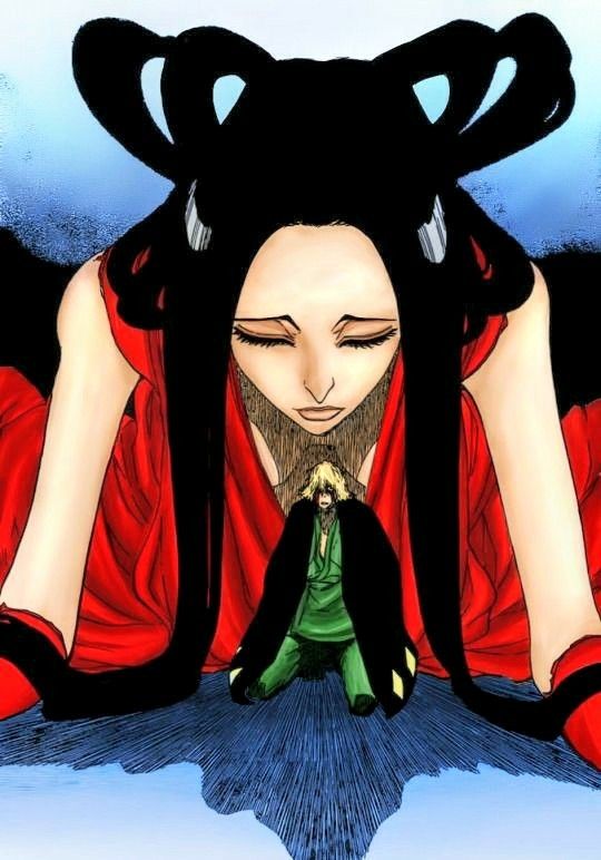 a drawing of a woman with long black hair and eyes closed sitting on the ground