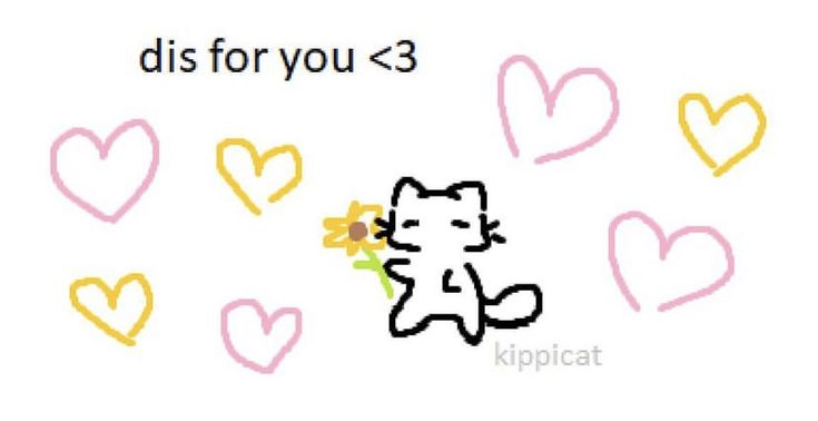 a drawing of a hello kitty holding a flower in front of hearts with the words, dis for you 3