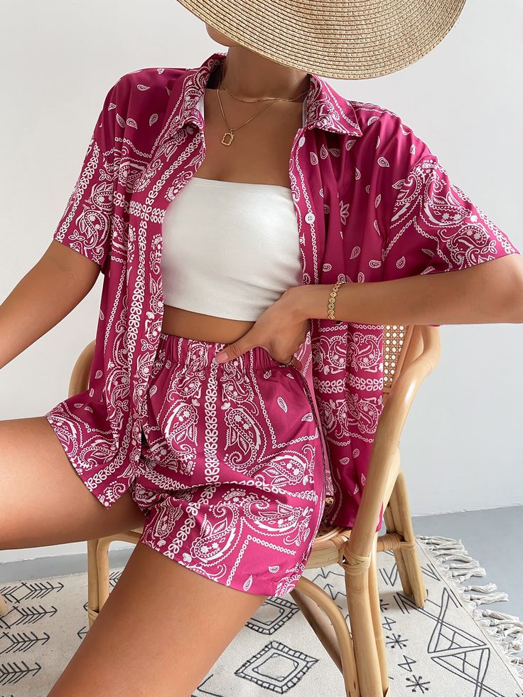 Rose Red Boho Collar Short Sleeve  Paisley,Tribal  Embellished Non-Stretch  Women Co-ords Printed Shirt Outfit, Elastic Waist Shorts Outfit, Drop Shoulder Blouse, Bandana Outfit, Two Piece Outfits Shorts, Paisley Scarf, Sewing Courses, Paisley Scarves