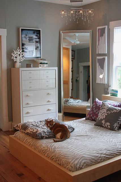 a cat laying on top of a bed next to a dresser and mirror in a bedroom