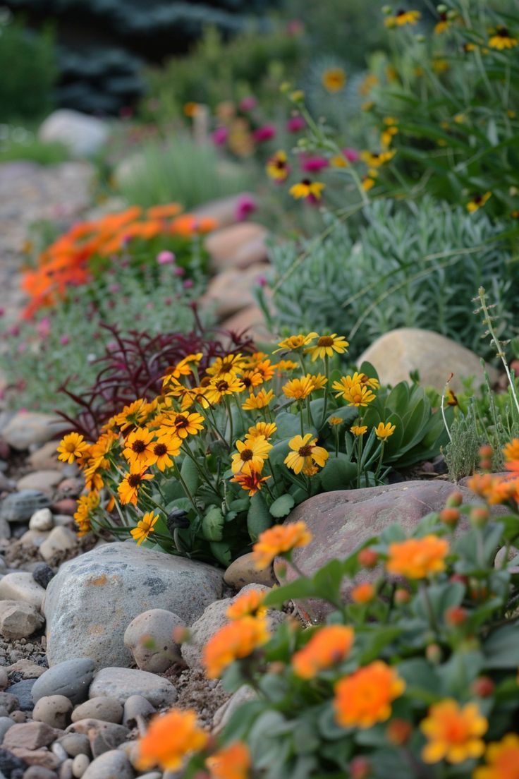 some flowers and rocks in a garden