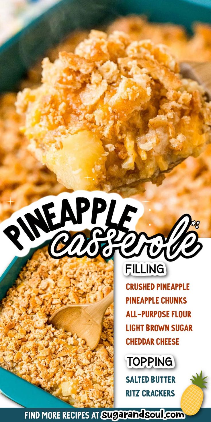 pineapple casserole recipe in a blue dish with a spoon scooping out