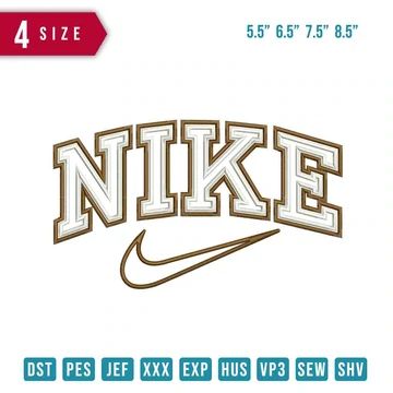 the nike logo is shown on a white background with brown and blue letters, as well as