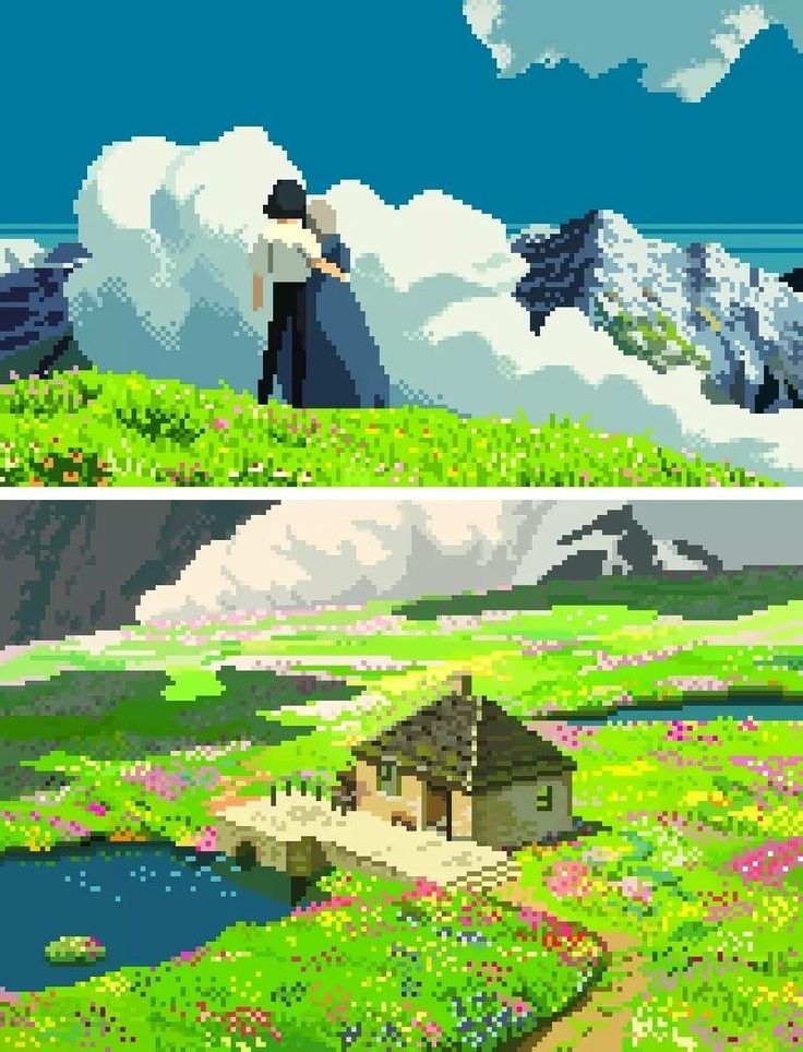 two pixellated images of a person standing on top of a hill with a house in the middle