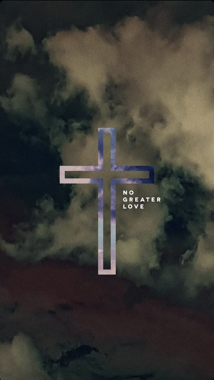 a cross with the words no greater love on it in front of some clouds and blue sky