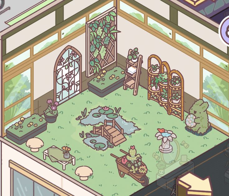 the inside of a house with plants and animals