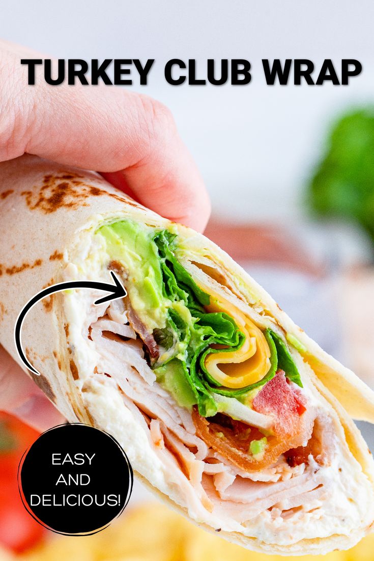 Half of a turkey club wrap being held in the air. California Turkey Club Wrap, Turkey And Cheese Wraps Healthy Lunches, Turkey Ham Wraps, Turkey And Ham Wraps, Turkey Swiss Wrap, Deli Meat Wraps Lunch Ideas, Wraps Recipes Ham, Cranberry Turkey Wraps, Turkey Bacon Avocado Wrap