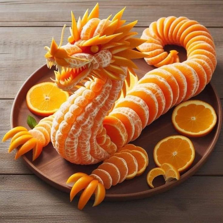 a dragon made out of sliced oranges on a plate with slices cut in half