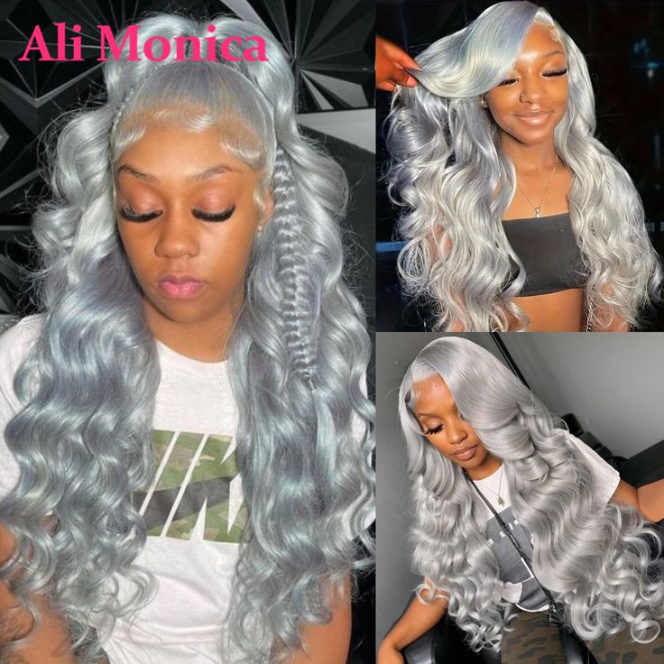 210 Density Silver Grey Colored Lace Wig Body Wave 13x6 Lace Frontal Wigs for Women Human Hair Birthday Color Wigs For Black Women, Birthday Hairstyles For Black Women Lace Front Wigs Color, 30 Inch Body Wave Wig Hairstyles, Gray Wig Hairstyles, Hair Styles For Wigs Black Women, Sliver Wigs, Silver Skunk Stripe Hair, Wig Colors For Light Skin, Gray Lace Front Wigs Black Women