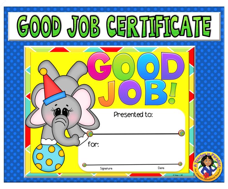 good job certificate with an elephant wearing a party hat