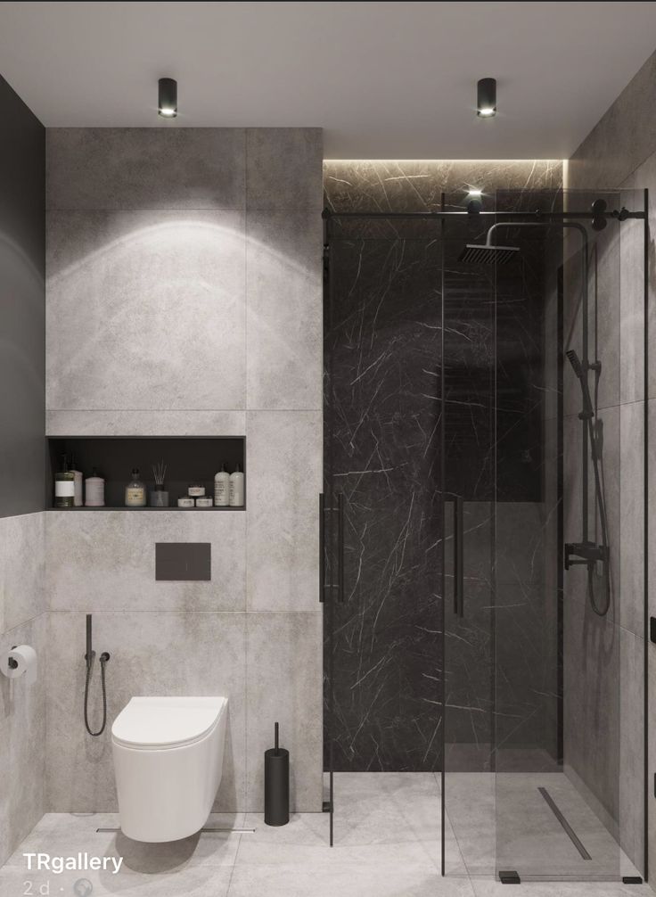 a modern bathroom with black and white decor