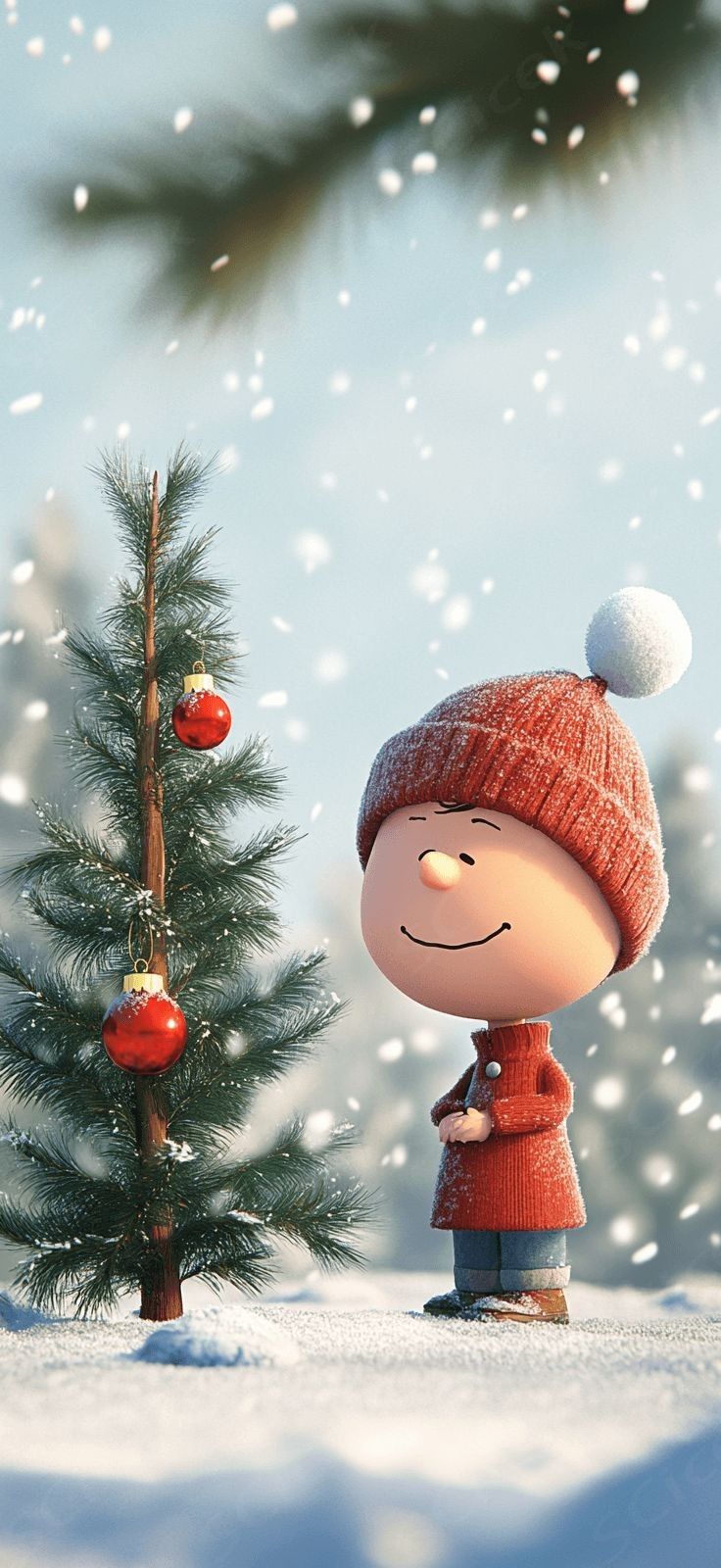 a little boy standing next to a small christmas tree in the snow with ornaments on it