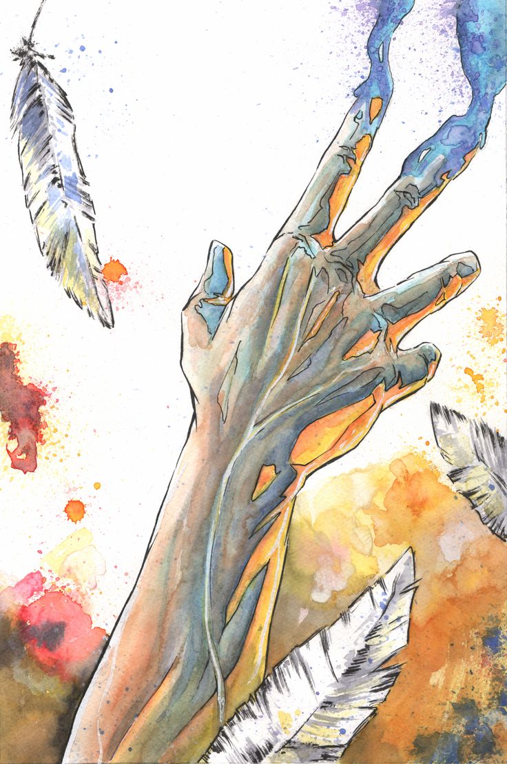 a painting of a hand reaching for feathers