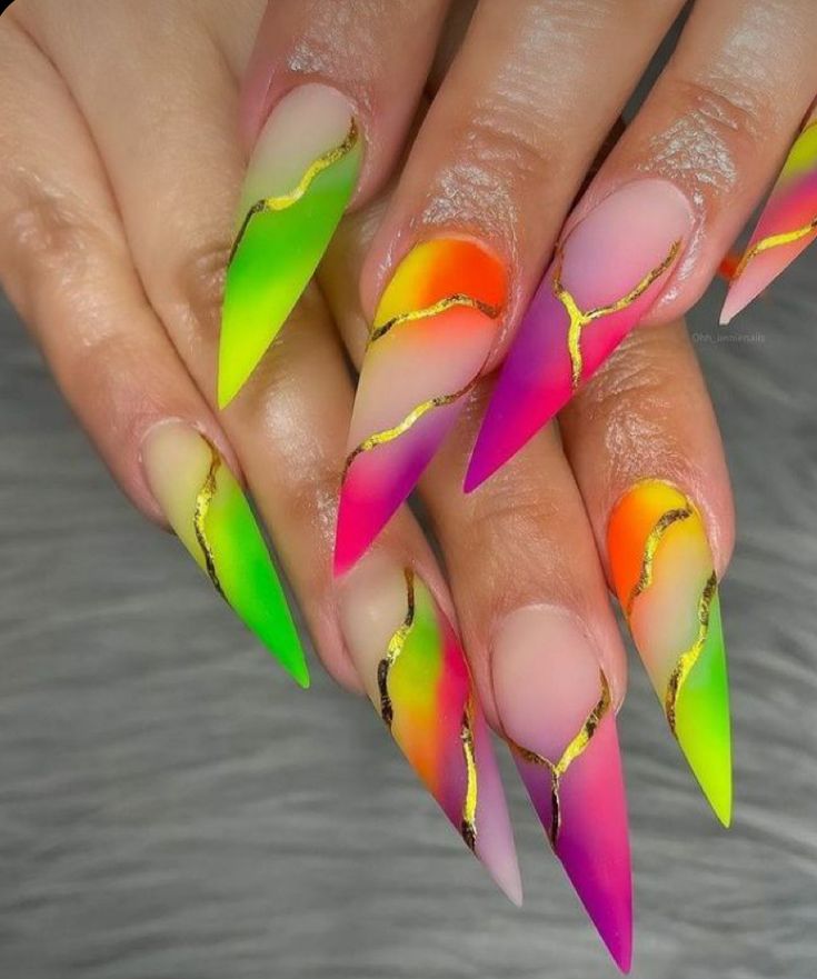 Carnival Nails, Summer Stiletto Nails, Stilleto Nails Designs, Neon Acrylic Nails, Neon Nail Designs, Colorful Nails, Stiletto Nails Designs, Dope Nail Designs, Pretty Nail Art Designs