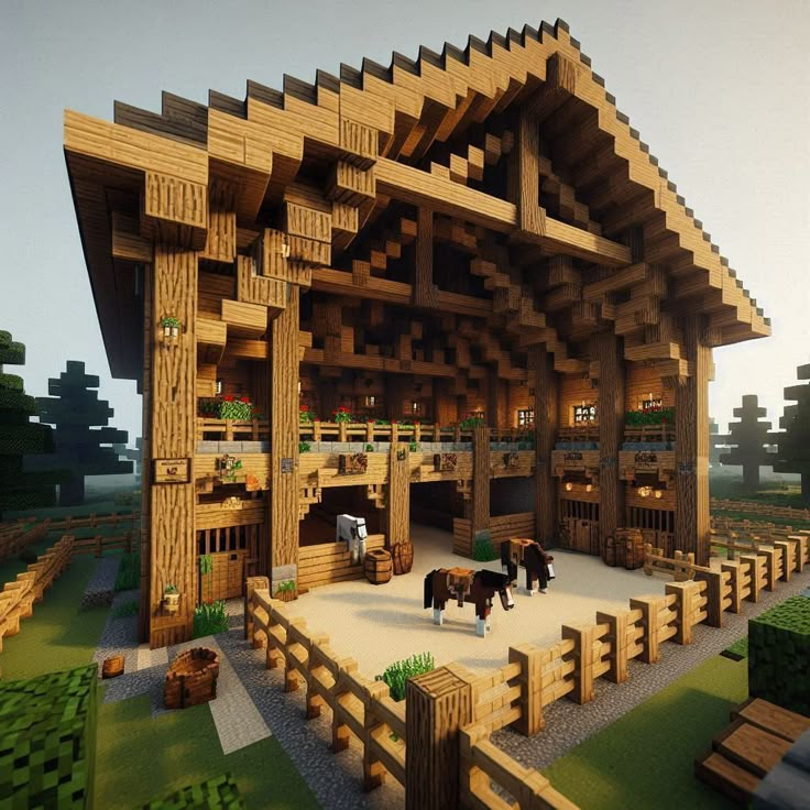 a large wooden structure with horses in it