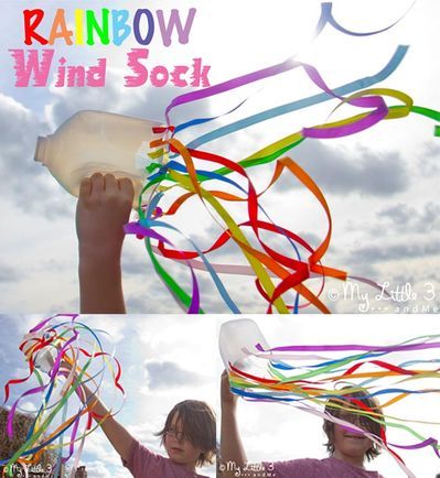 a hand holding a bottle with streamers coming out of it and the sky in the background