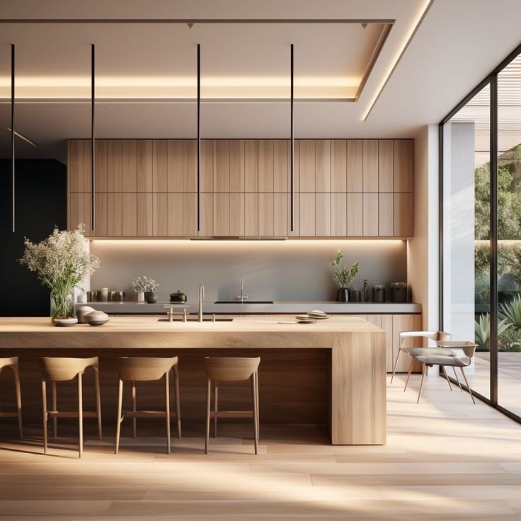 a modern kitchen with wooden cabinets and counter tops, surrounded by glass doors that lead to an outdoor patio