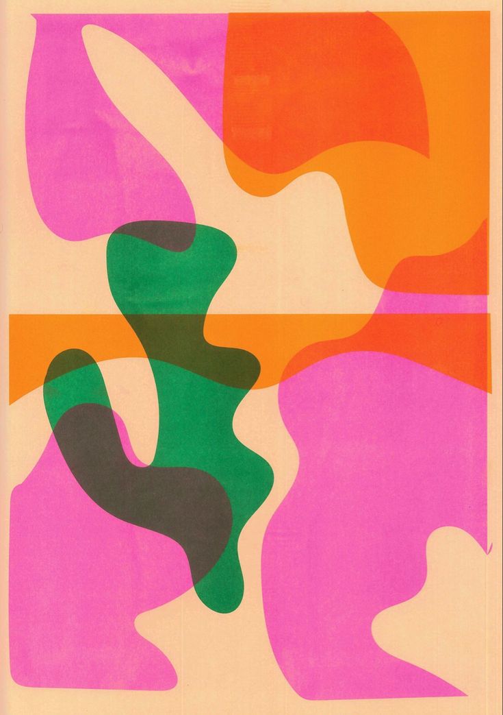 an abstract painting with pink, green and orange colors on it's side by side