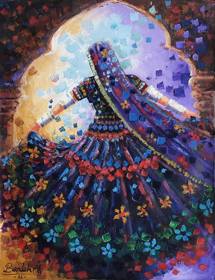 a painting of a woman in a colorful dress with flowers on it's skirt